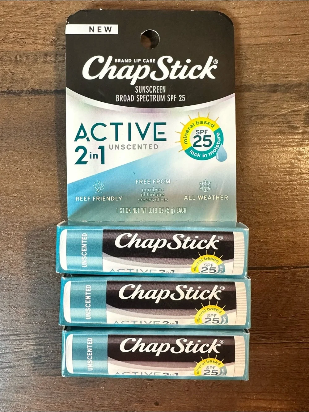 Chapstick Active 2 In 1 SPF 25 Sunscreen Unscented Lip Balm 3 Single Packs NEW